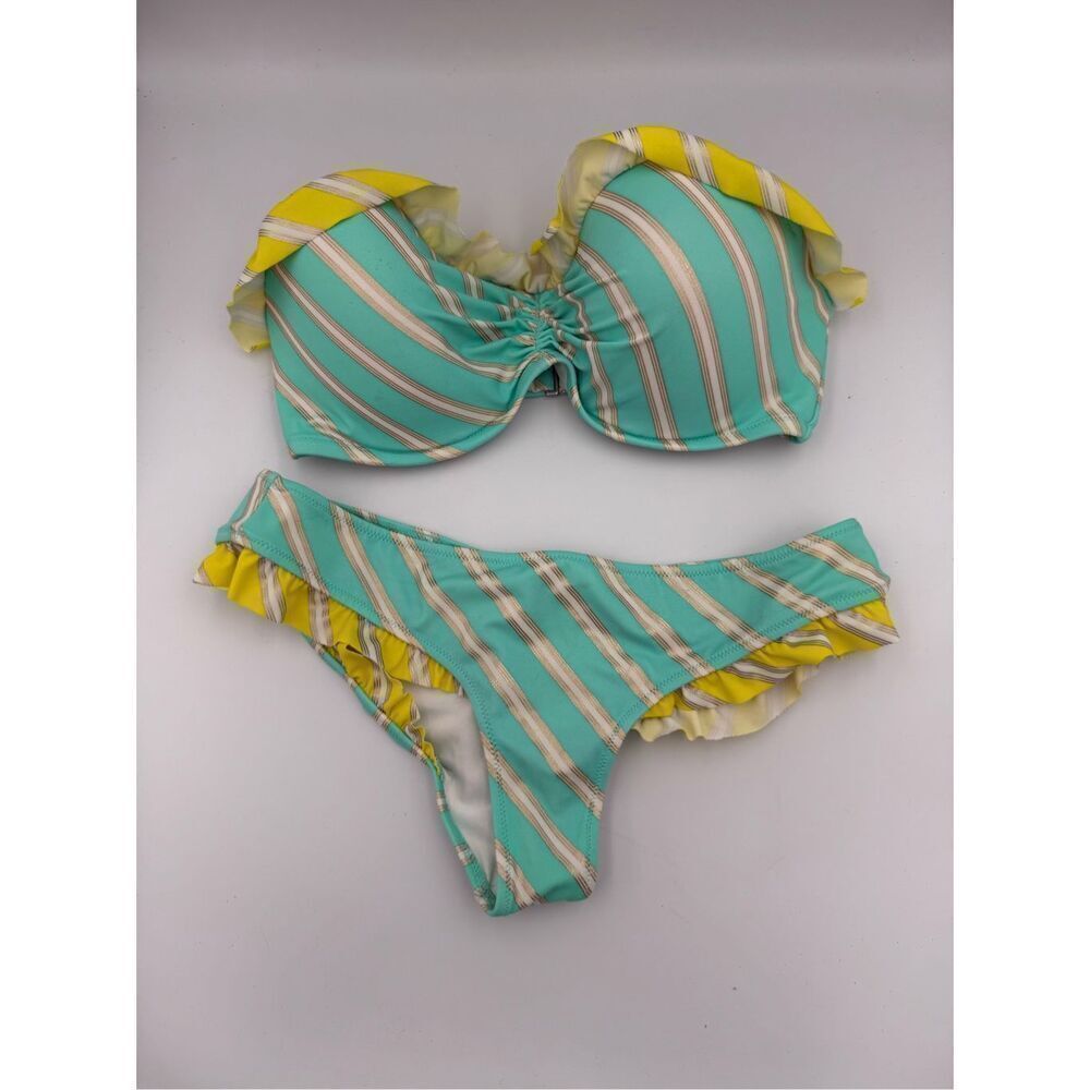 Victoria's Secret Womens Blue Metallic Striped Bandeau Padded Top Bikini Set Siz